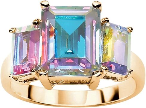 Palm Beach Jewelry PalmBeach Yellow Gold-plated Emerald Cut Aurora Borealis Cubic Zirconia 3-Stone Ring Sizes 6-10 in Kuwait