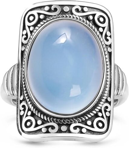 Big Oval Stone Ring,Rectangle Square Vintage Retro Sterling Silver Natural Crystal Quartz Gemstone Boho Bohemian Statement Ring Jewelry for Women Her in Saudi Arabia