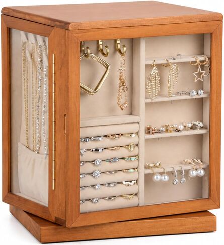 Clasin Home 5 Layer Jewelry Box 360 Rotating, Large Jewelry Organizer for Women with Glass Window for Ring Earrings Necklace Bracelet, Durable Solid Wooden Jewellery Box Vintage Style for Gifts in Saudi Arabia