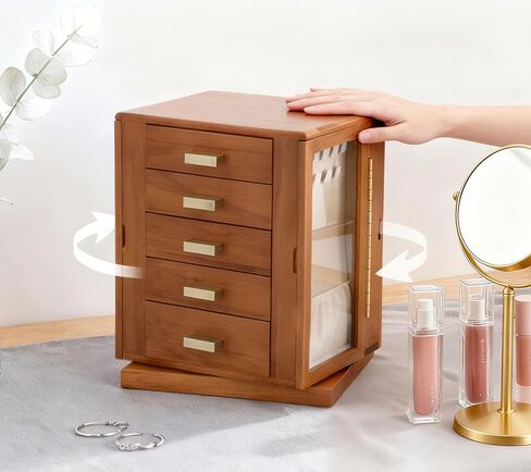 Clasin Home 5 Layer Jewelry Box 360 Rotating, Large Jewelry Organizer for Women with Glass Window for Ring Earrings Necklace Bracelet, Durable Solid Wooden Jewellery Box Vintage Style for Gifts in Saudi Arabia