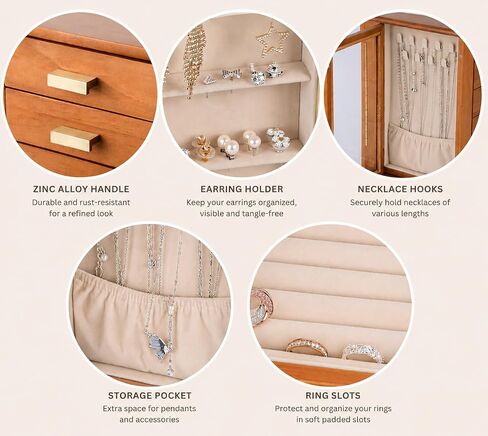 Clasin Home 5 Layer Jewelry Box 360 Rotating, Large Jewelry Organizer for Women with Glass Window for Ring Earrings Necklace Bracelet, Durable Solid Wooden Jewellery Box Vintage Style for Gifts in Saudi Arabia
