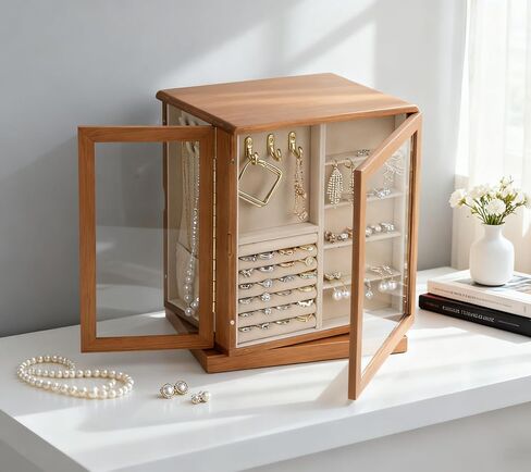 Clasin Home 5 Layer Jewelry Box 360 Rotating, Large Jewelry Organizer for Women with Glass Window for Ring Earrings Necklace Bracelet, Durable Solid Wooden Jewellery Box Vintage Style for Gifts in Saudi Arabia