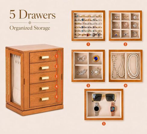 Clasin Home 5 Layer Jewelry Box 360 Rotating, Large Jewelry Organizer for Women with Glass Window for Ring Earrings Necklace Bracelet, Durable Solid Wooden Jewellery Box Vintage Style for Gifts in Saudi Arabia