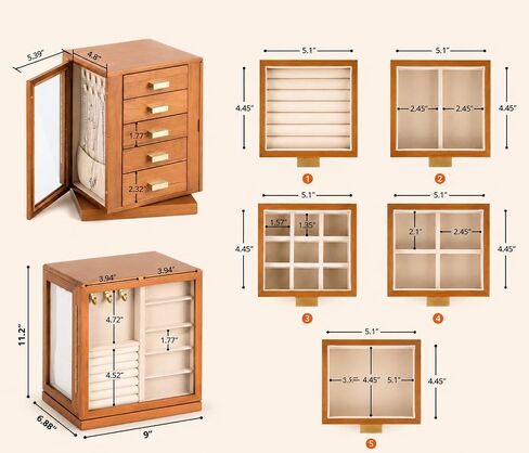 Clasin Home 5 Layer Jewelry Box 360 Rotating, Large Jewelry Organizer for Women with Glass Window for Ring Earrings Necklace Bracelet, Durable Solid Wooden Jewellery Box Vintage Style for Gifts in Saudi Arabia