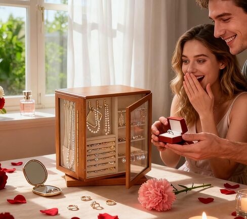 Clasin Home 5 Layer Jewelry Box 360 Rotating, Large Jewelry Organizer for Women with Glass Window for Ring Earrings Necklace Bracelet, Durable Solid Wooden Jewellery Box Vintage Style for Gifts in Saudi Arabia