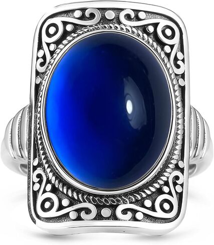 Big Oval Stone Ring,Rectangle Square Vintage Retro Sterling Silver Natural Crystal Quartz Gemstone Boho Bohemian Statement Ring Jewelry for Women Her in Saudi Arabia