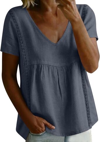 Women Linen Shirt Summer V Neck Short Sleeve Babydoll Peplum Tops Lace Trim Loose Casual Boho Beach Blouses in Kuwait