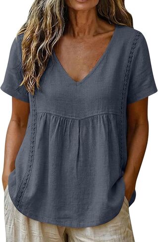 Women Linen Shirt Summer V Neck Short Sleeve Babydoll Peplum Tops Lace Trim Loose Casual Boho Beach Blouses in Kuwait