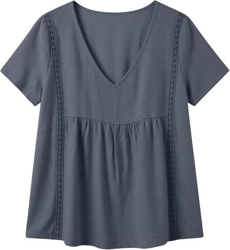 Women Linen Shirt Summer V Neck Short Sleeve Babydoll Peplum Tops Lace Trim Loose Casual Boho Beach Blouses in Kuwait