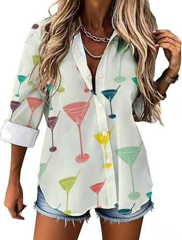 Vintage Martini Glass Women Button Down Shirt Casual Long Sleeve Breathable Smooth No See-Through Shirt Irregular Hem Blouses in Saudi Arabia