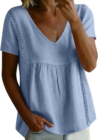 Women Linen Shirt Summer V Neck Short Sleeve Babydoll Peplum Tops Lace Trim Loose Casual Boho Beach Blouses in Kuwait