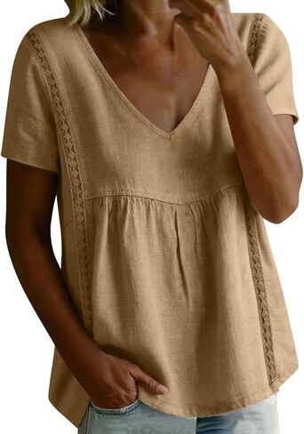 Women Linen Shirt Summer V Neck Short Sleeve Babydoll Peplum Tops Lace Trim Loose Casual Boho Beach Blouses in Kuwait