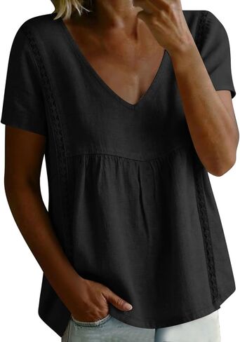 Women Linen Shirt Summer V Neck Short Sleeve Babydoll Peplum Tops Lace Trim Loose Casual Boho Beach Blouses in Kuwait