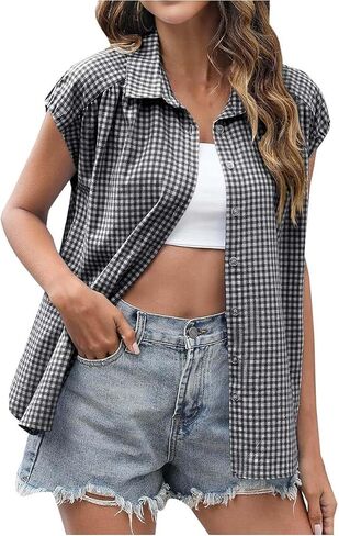 Y2K Women's Plaid Short Sleeve Button Down Shirt Business Casual Wrinkle Free Shirt Tops Lightweight Summer Blouses in Saudi Arabia