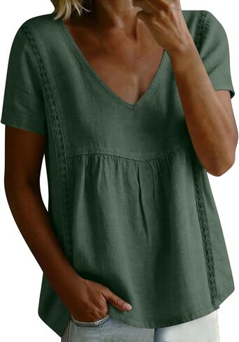 Women Linen Shirt Summer V Neck Short Sleeve Babydoll Peplum Tops Lace Trim Loose Casual Boho Beach Blouses in Kuwait