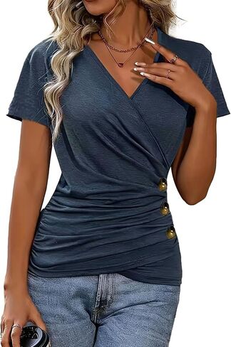 Flamingals V Neck Short Sleeve Shirts for Women Dressy Casual T Shirts Asymmetrical Button Decor Wrap Sexy Summer Tops in Kuwait