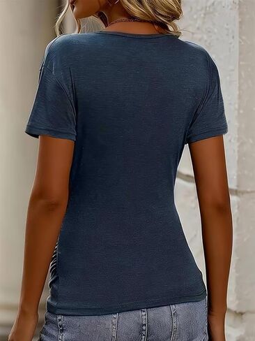 Flamingals V Neck Short Sleeve Shirts for Women Dressy Casual T Shirts Asymmetrical Button Decor Wrap Sexy Summer Tops in Kuwait