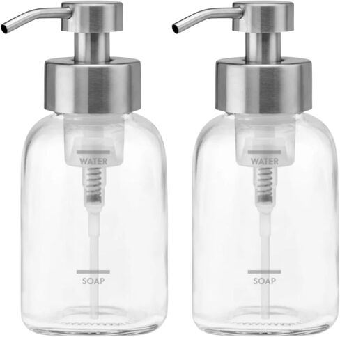 Grove Co. Foaming Hand Soap Dispenser Set – 2-Pack 12oz Refillable Glass Bottles with Stainless Steel Pumps, Reusable Square Base Soap Dispensers for Kitchen Sink and Bathroom Countertop in Saudi Arabia