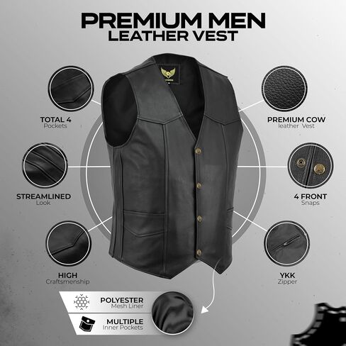 Leatherick Men's Real Leather Waistcoat Vest Black - Biker Style Casual Fashion in Saudi Arabia