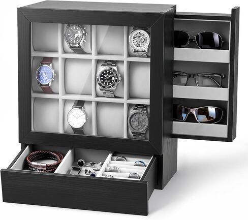 Novabright 12-Slot Black Watch Box for Men Solid Wood Watch Case with Glass Lid, Velvet Lining, Vertical Storage, 2 Drawers for Sunglasses & Jewelry, Removable Pillows, Gift for Anniversary Birthday in Saudi Arabia