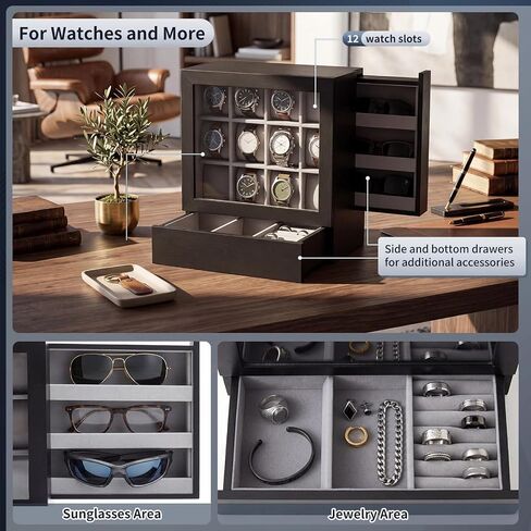 Novabright 12-Slot Black Watch Box for Men Solid Wood Watch Case with Glass Lid, Velvet Lining, Vertical Storage, 2 Drawers for Sunglasses & Jewelry, Removable Pillows, Gift for Anniversary Birthday in Saudi Arabia