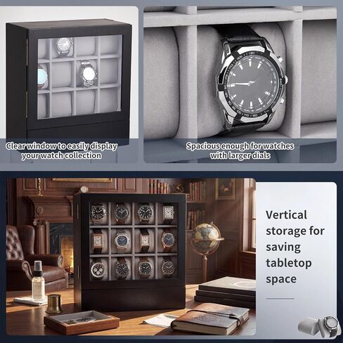 Novabright 12-Slot Black Watch Box for Men Solid Wood Watch Case with Glass Lid, Velvet Lining, Vertical Storage, 2 Drawers for Sunglasses & Jewelry, Removable Pillows, Gift for Anniversary Birthday in Saudi Arabia