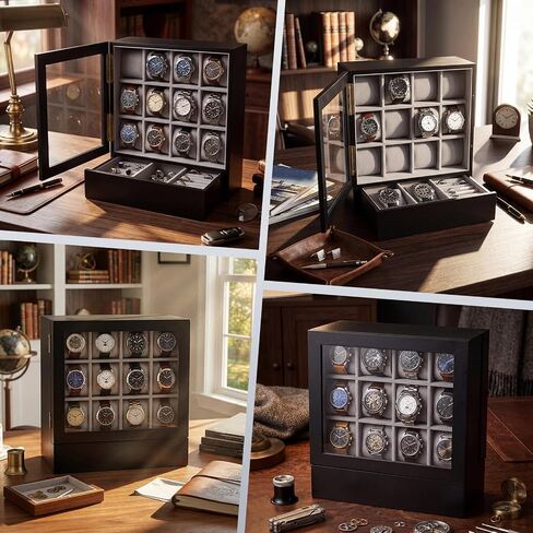 Novabright 12-Slot Black Watch Box for Men Solid Wood Watch Case with Glass Lid, Velvet Lining, Vertical Storage, 2 Drawers for Sunglasses & Jewelry, Removable Pillows, Gift for Anniversary Birthday in Saudi Arabia