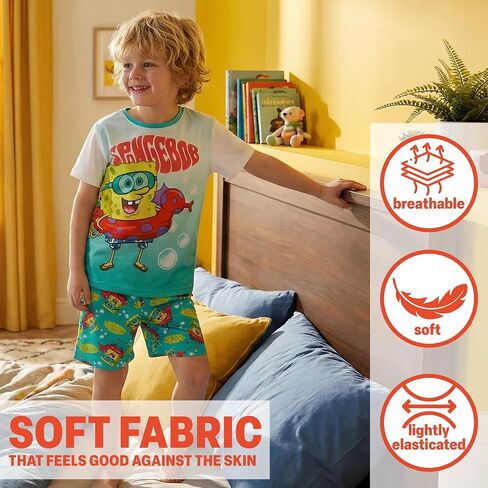 Get Trend SpongeBob SquarePants Boys Pajama Set, 2-Piece Summer PJs with Soft Short Sleeve T Shirt & Shorts, Kids Sleepwear in Kuwait