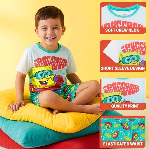 Get Trend SpongeBob SquarePants Boys Pajama Set, 2-Piece Summer PJs with Soft Short Sleeve T Shirt & Shorts, Kids Sleepwear in Kuwait