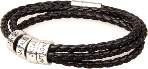 TAONE Personalized Mens Leather Bracelet, Family Name Bracelet,Custom Engraved Name Bracelet, Sterling Silver Beads Bracelet, Fathers Day Gift Lover Gifts in Saudi Arabia