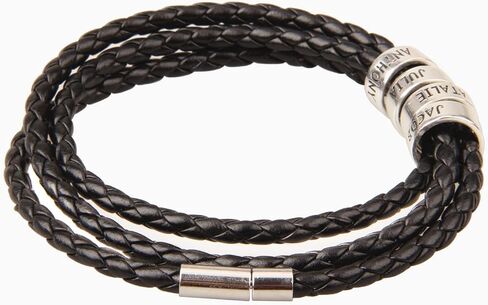 TAONE Personalized Mens Leather Bracelet, Family Name Bracelet,Custom Engraved Name Bracelet, Sterling Silver Beads Bracelet, Fathers Day Gift Lover Gifts in Saudi Arabia