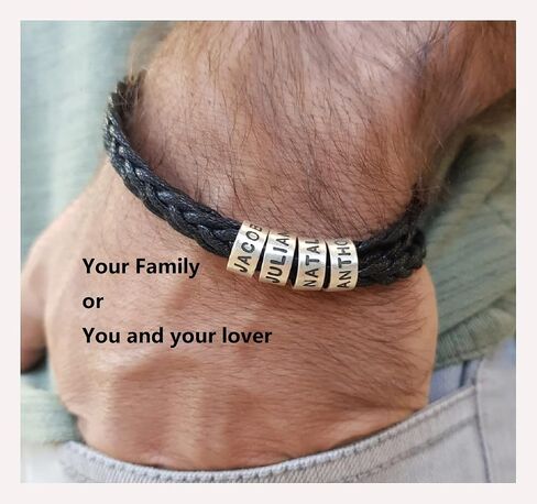 TAONE Personalized Mens Leather Bracelet, Family Name Bracelet,Custom Engraved Name Bracelet, Sterling Silver Beads Bracelet, Fathers Day Gift Lover Gifts in Saudi Arabia