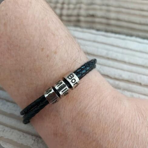 TAONE Personalized Mens Leather Bracelet, Family Name Bracelet,Custom Engraved Name Bracelet, Sterling Silver Beads Bracelet, Fathers Day Gift Lover Gifts in Saudi Arabia