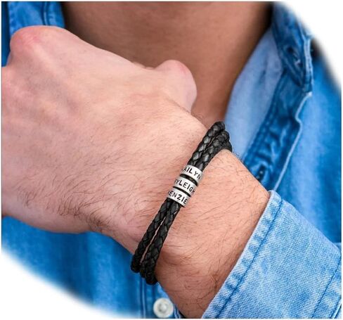 TAONE Personalized Mens Leather Bracelet, Family Name Bracelet,Custom Engraved Name Bracelet, Sterling Silver Beads Bracelet, Fathers Day Gift Lover Gifts in Saudi Arabia