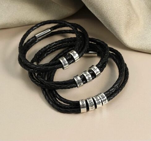 TAONE Personalized Mens Leather Bracelet, Family Name Bracelet,Custom Engraved Name Bracelet, Sterling Silver Beads Bracelet, Fathers Day Gift Lover Gifts in Saudi Arabia
