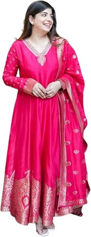 Women's Anarkali Dress, Indian Wear Suit with Dupatta, Embroidered Neckline, Banarasi Woven Border in Saudi Arabia
