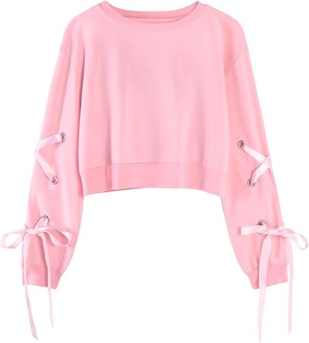 Remidoo Womens Crop Top Sweatshirt Lace Up Long Sleeve Crewneck Cropped Pullover Tops in Kuwait