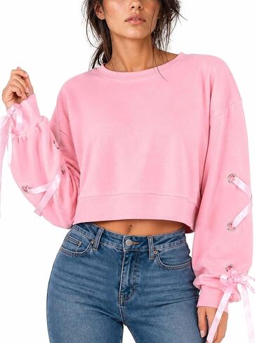 Remidoo Womens Crop Top Sweatshirt Lace Up Long Sleeve Crewneck Cropped Pullover Tops in Kuwait