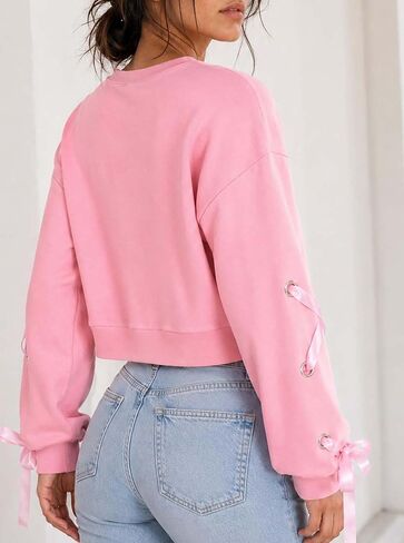 Remidoo Womens Crop Top Sweatshirt Lace Up Long Sleeve Crewneck Cropped Pullover Tops in Kuwait