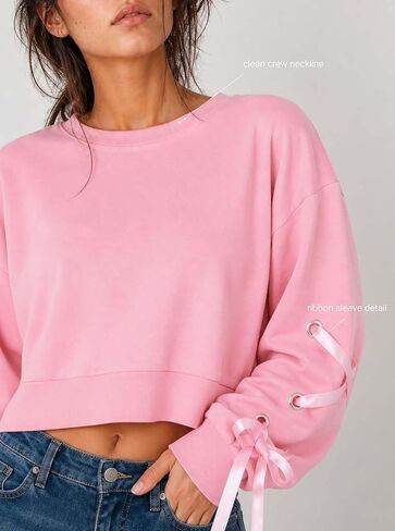 Remidoo Womens Crop Top Sweatshirt Lace Up Long Sleeve Crewneck Cropped Pullover Tops in Kuwait