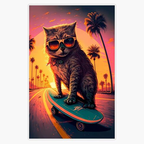 Cat Wearing Sunglasses on a Skateboard with Palm Trees and Sunset Sticker Decal Laptop Car Window Vinyl 5" in Kuwait