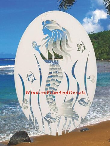 Oval Mermaid Etched Window Decal Vinyl Glass Cling - 15" x 23" - White with Clear Design Elements in Saudi Arabia