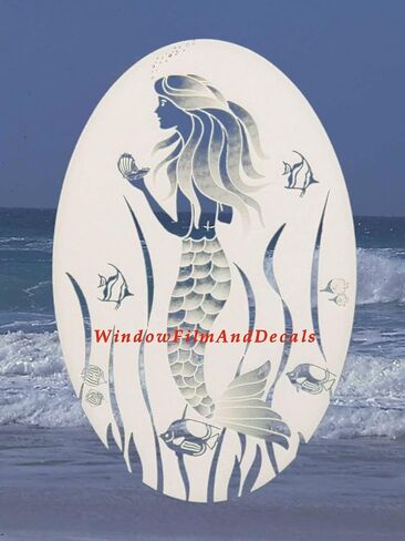 Oval Mermaid Etched Window Decal Vinyl Glass Cling - 15" x 23" - White with Clear Design Elements in Saudi Arabia