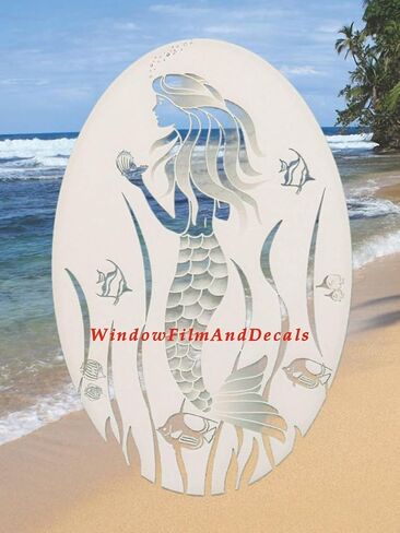 Oval Mermaid Etched Window Decal Vinyl Glass Cling - 15" x 23" - White with Clear Design Elements in Saudi Arabia