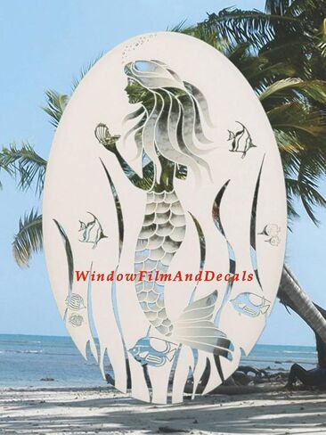 Oval Mermaid Etched Window Decal Vinyl Glass Cling - 15" x 23" - White with Clear Design Elements in Saudi Arabia