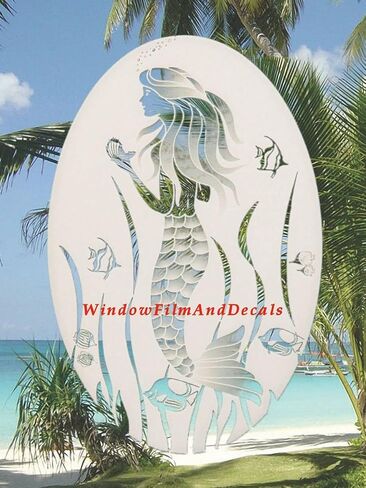 Oval Mermaid Etched Window Decal Vinyl Glass Cling - 15" x 23" - White with Clear Design Elements in Saudi Arabia