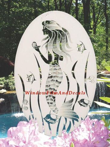 Oval Mermaid Etched Window Decal Vinyl Glass Cling - 15" x 23" - White with Clear Design Elements in Saudi Arabia