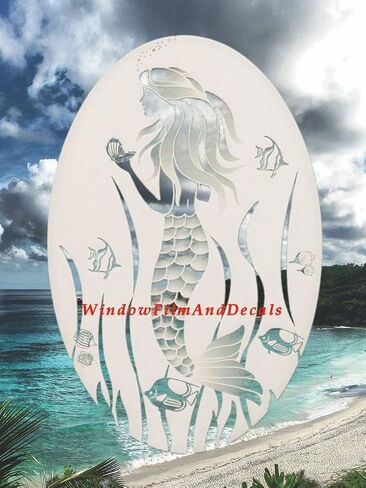 Oval Mermaid Etched Window Decal Vinyl Glass Cling - 15" x 23" - White with Clear Design Elements in Saudi Arabia