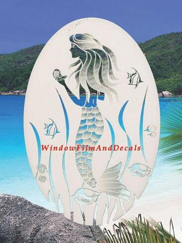 Oval Mermaid Etched Window Decal Vinyl Glass Cling - 15" x 23" - White with Clear Design Elements in Saudi Arabia