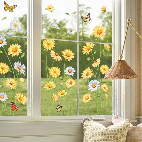 FYSUIMU 9 Sheets Spring Summer Daisy Window Cling Sticker White Yellow Floral Butterfly Reusable Double-Side Window Decals for Home Office Classroom Party Shop Decorations in Kuwait
